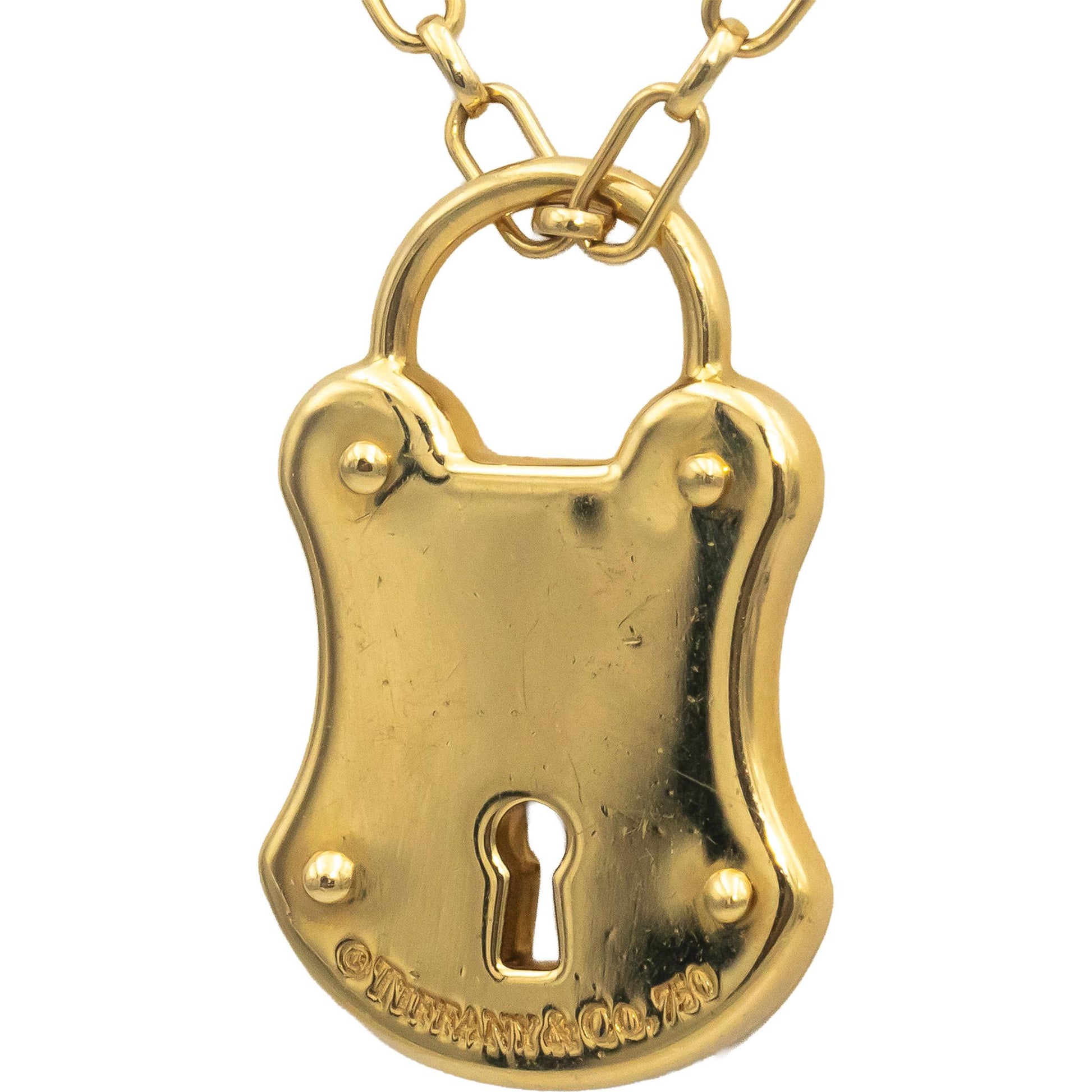 TIFFANY & CO. 18k Yellow Gold Round VS Diamond Padlock Pendant Necklace 0.06CT