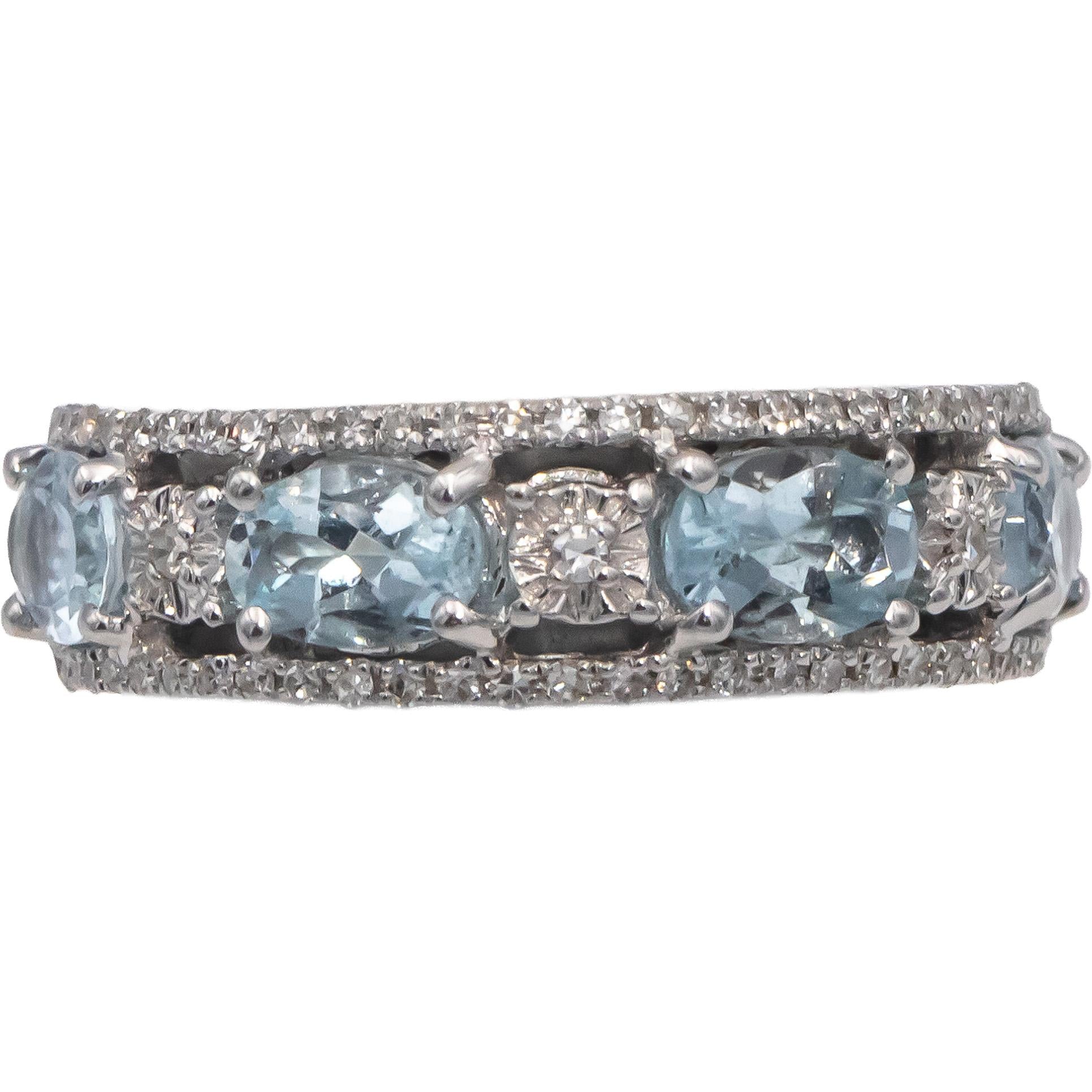 14k White Gold Oval Aquamarine & Round Diamond Band Ring 1.45CT Size 7