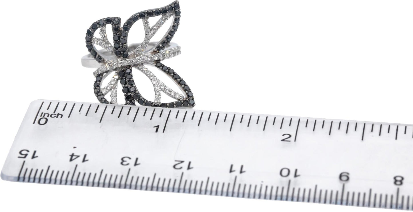 14k White Gold Round White and Black Diamond Butterfly Ring 0.90CT Size 6.5