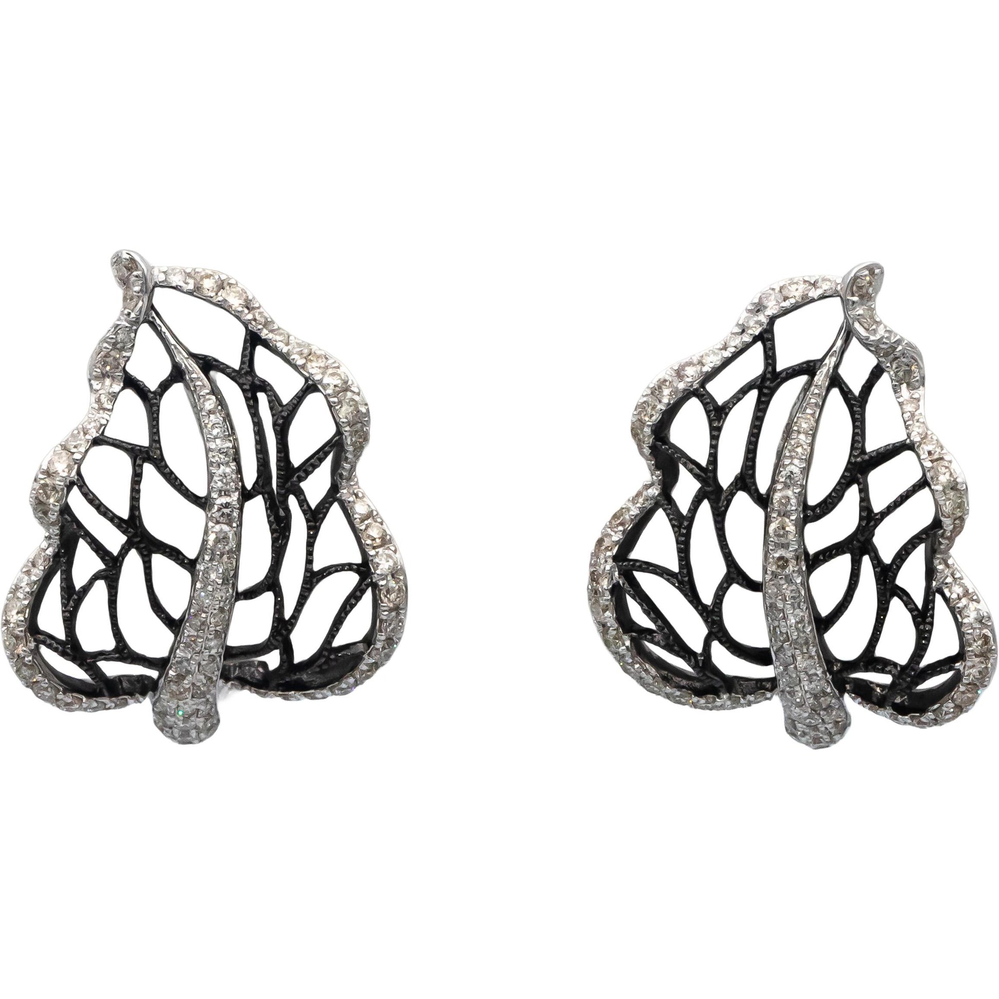 14k White Gold Round Diamond Floral Openwork Leaf Earrings 0.40CTW