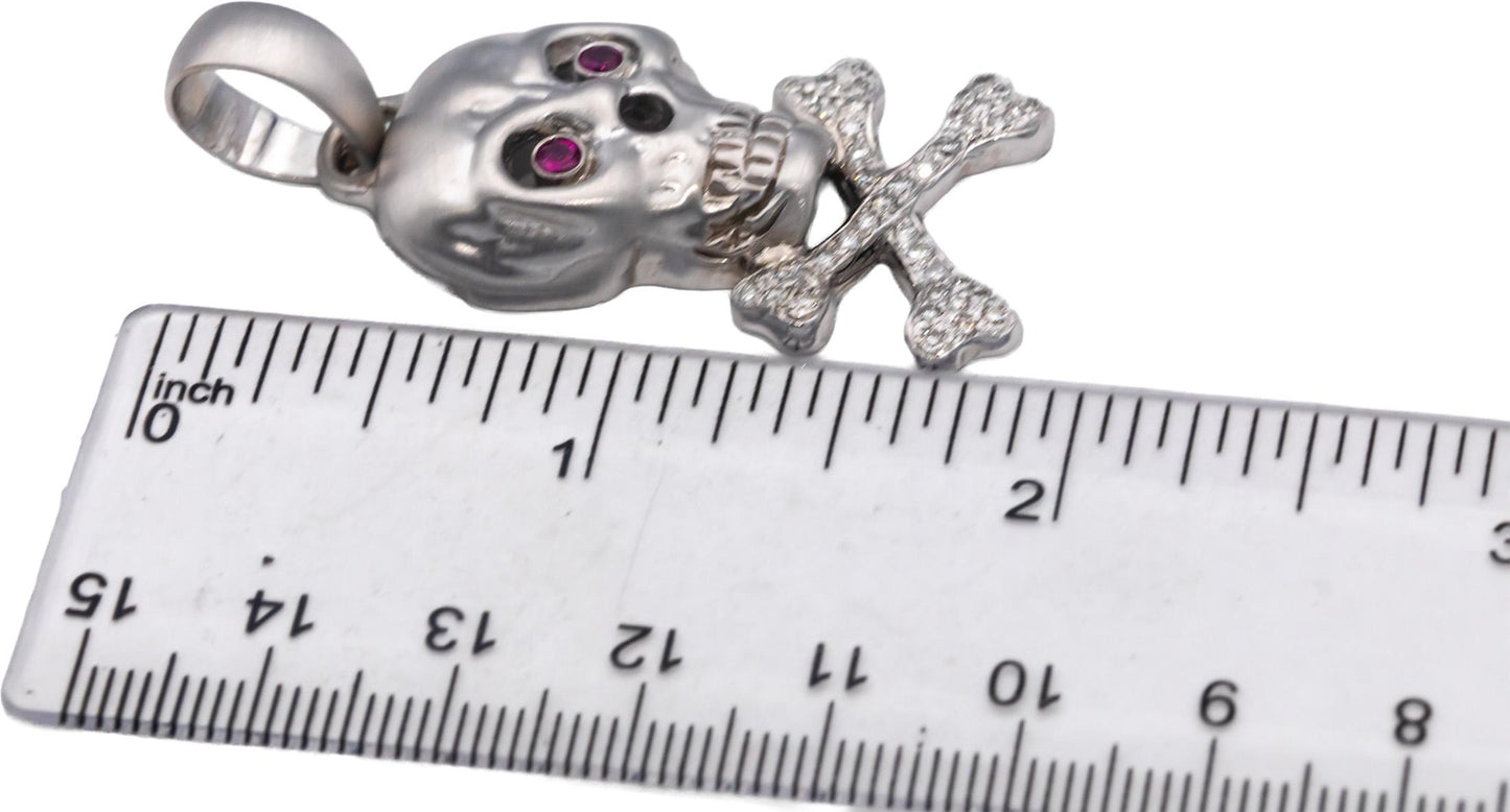 14k White Gold Round Ruby & Diamond Skull & Crossbones Pendant 0.50CTW
