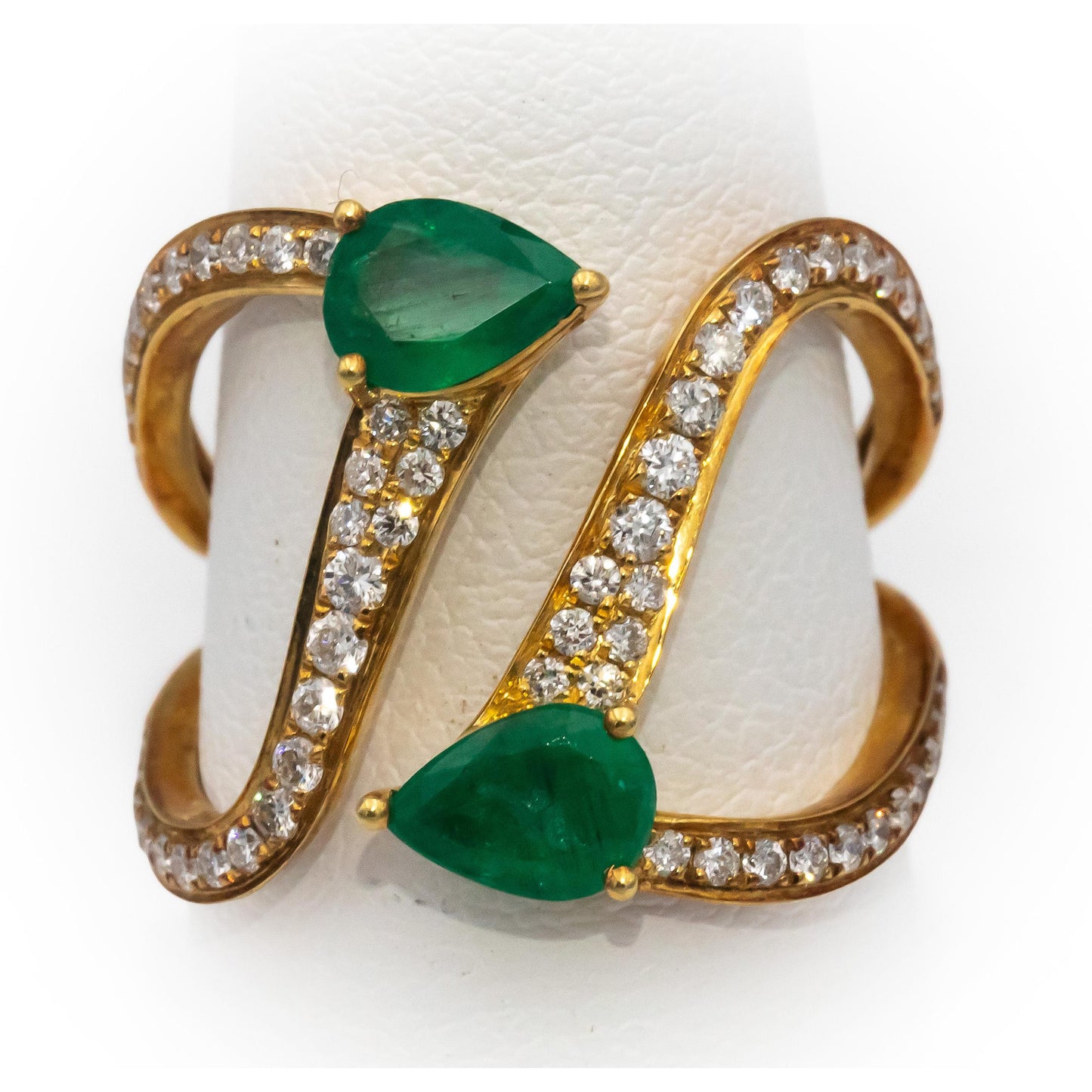 18k Yellow Gold Pear Cut Emerald VS Round Diamond By Pass Ring 1.50CT Size 7.25