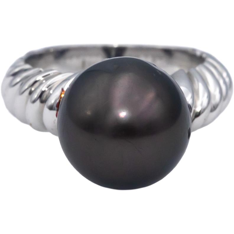 18k White Gold 12.9mm Black Tahitian Pearl Solitaire Ring Size 7.75