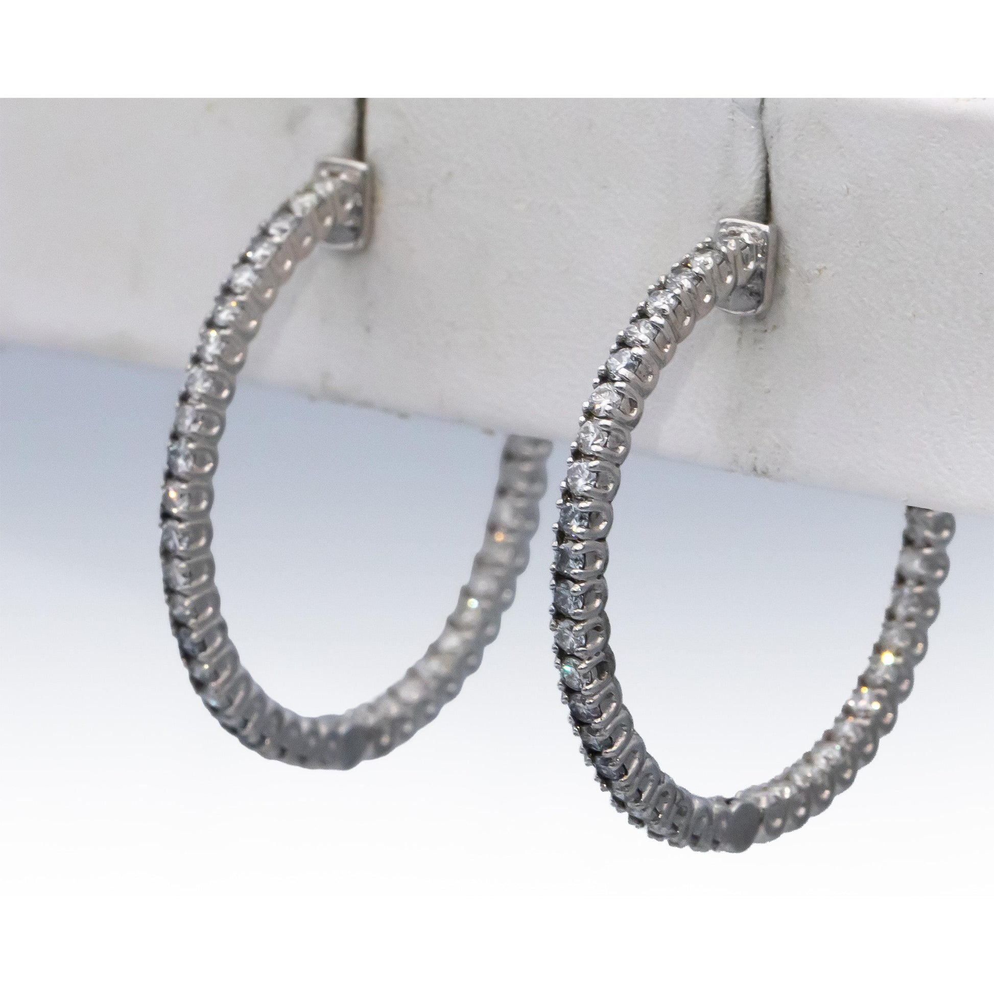 14k White Gold Round Diamond Inside Out Hoop Earrings 1.47CT