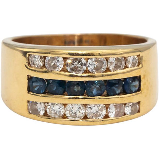 14k Yellow Gold Round Channel Set Diamond and Blue Sapphire Band Ring 0.90CT