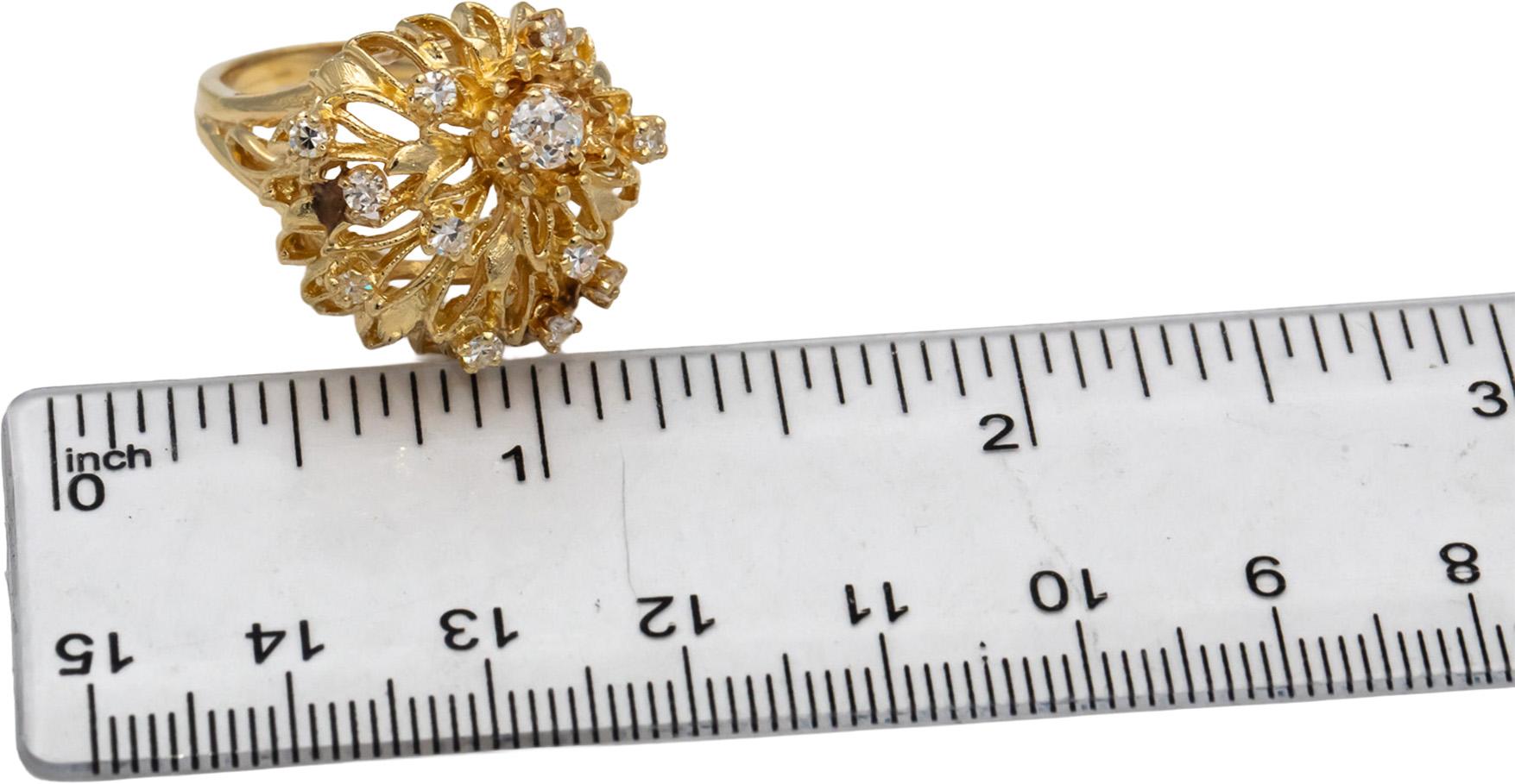 Vintage 14k Yellow Gold Diamond Cocktail Ring 0.60CT w/ 0.30CT Center Size 7.5