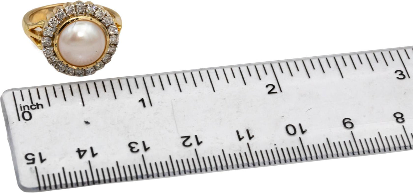 18k Yellow Gold VS Round Diamond and Mabe Pearl Cocktail Ring 0.58CT Size 5.75