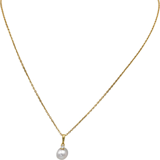 MIKIMOTO 18k Yellow Gold Diamond and Pearl Pendant Necklace 0.05CT