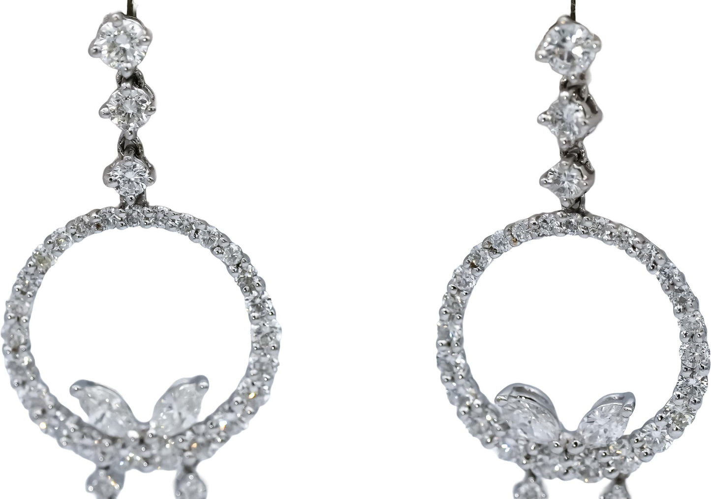 18k White Gold VS Round and Marquise Cut Diamond Dangle Earrings 3.0CT