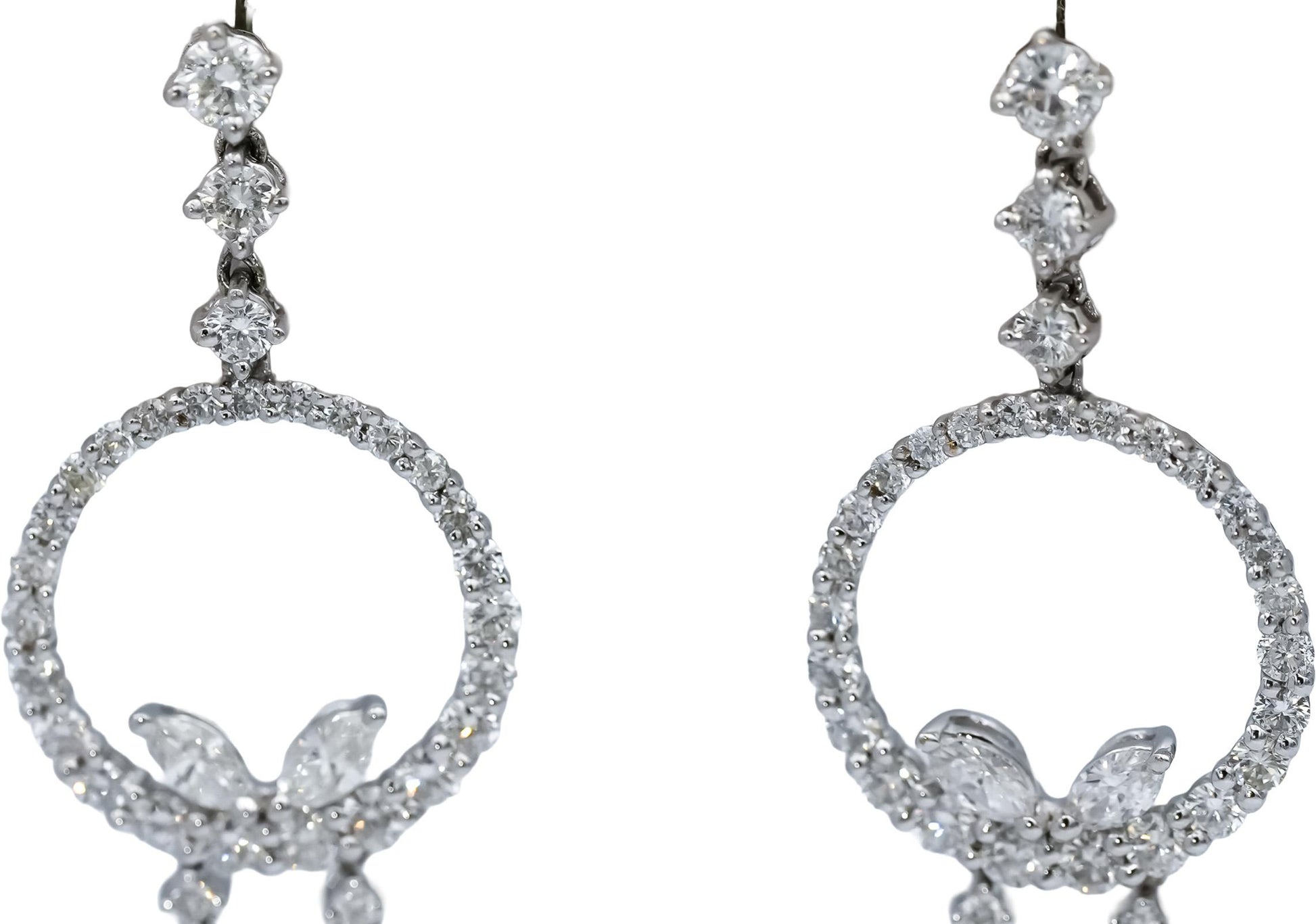 18k White Gold VS Round and Marquise Cut Diamond Dangle Earrings 3.0CT