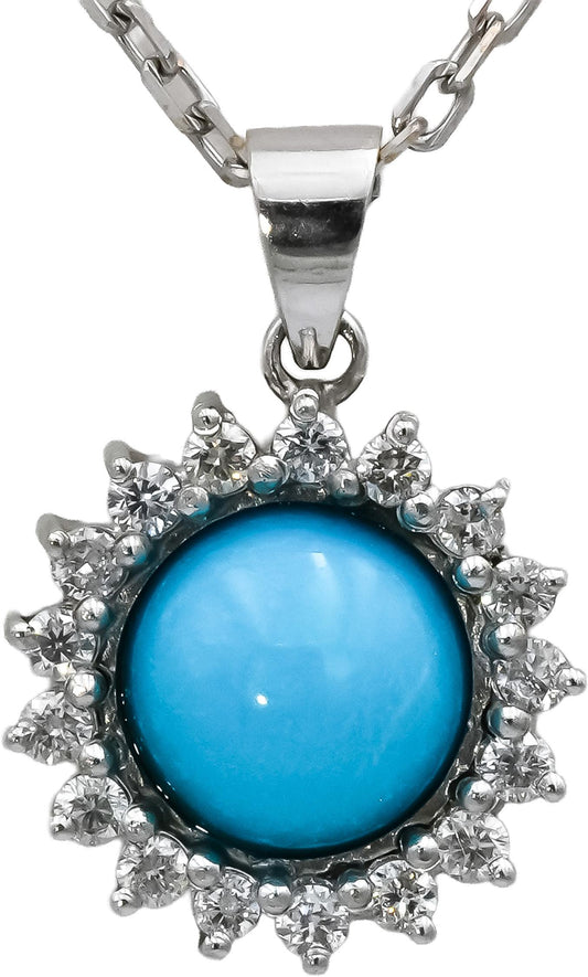 18k White Gold Round Diamond and Cabochon Turquoise Pendant Necklace 0.25CT
