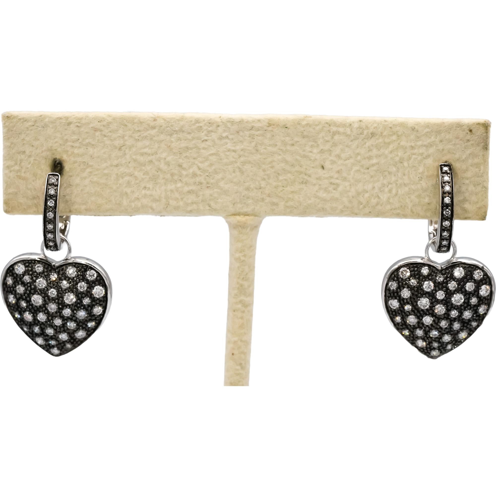 14k White Gold Rhodium Round Diamond Heart Dangle Earrings 0.50CT