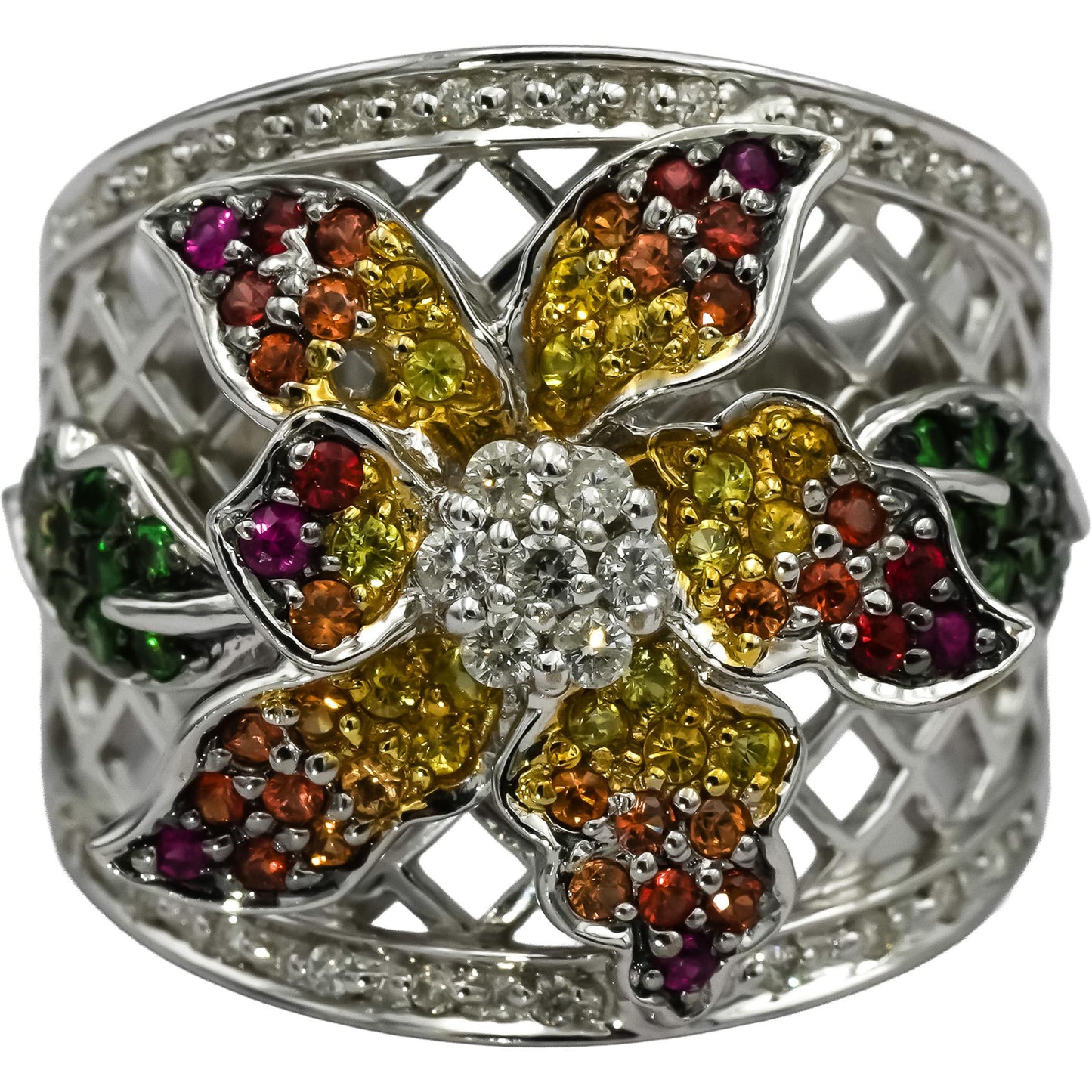 18k White Gold Diamond & Multi Color Gemstone Flower Ring 1.15CT Size 7.75