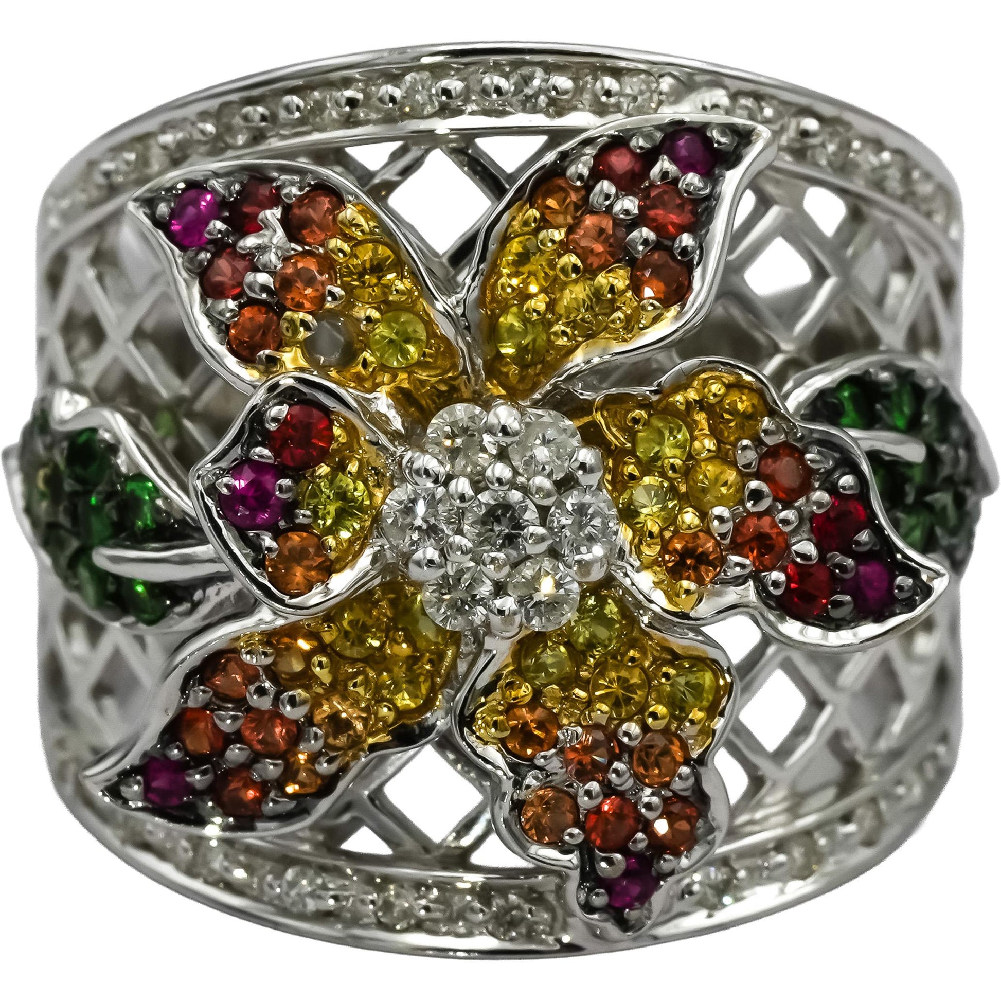 18k White Gold Diamond & Multi Color Gemstone Flower Ring 1.15CT Size 7.75