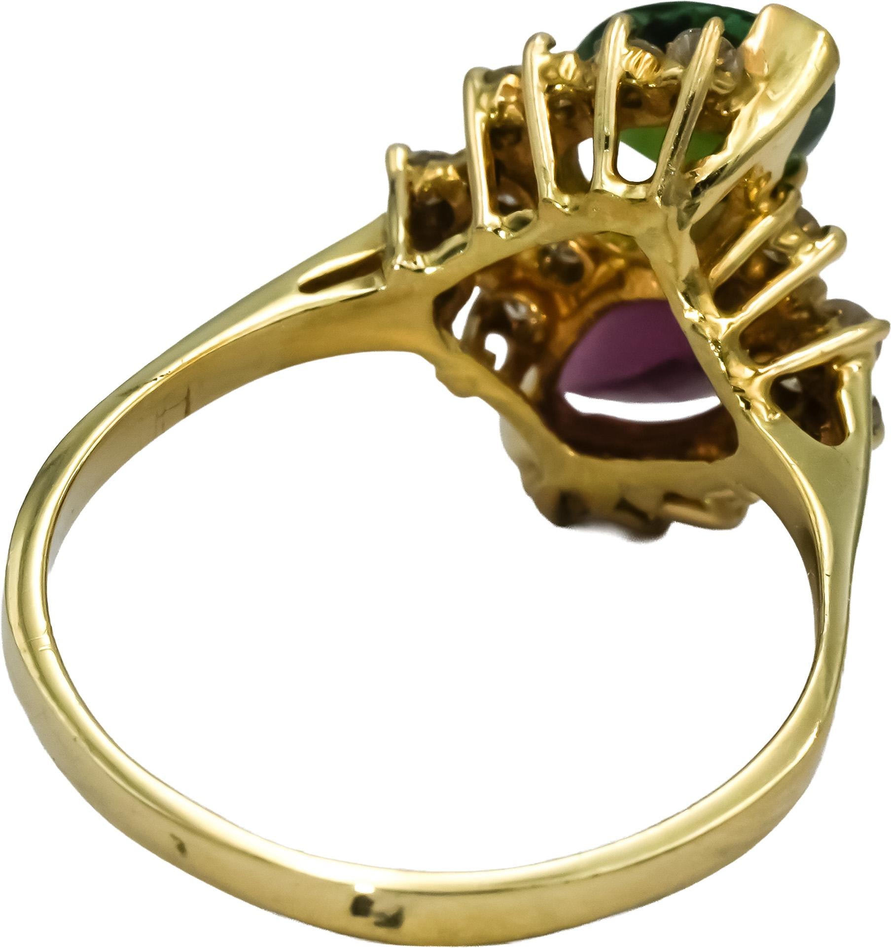 14k Yellow Gold Diamond Pink and Green Tourmaline Ring 2.75CT Size 10.25