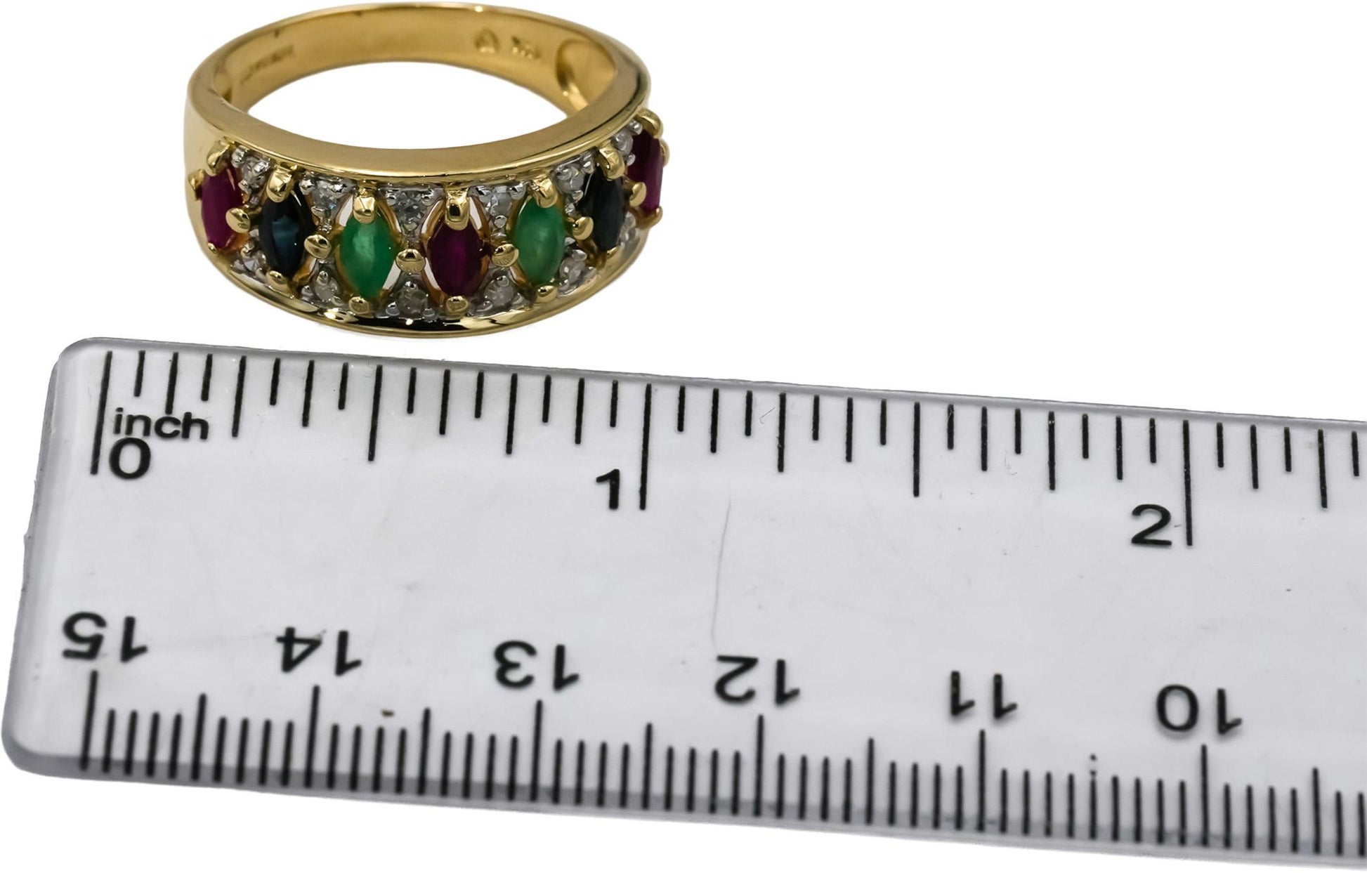14k Yellow Gold Diamond Ruby Emerald Sapphire Band Ring 1.10CT Size 9