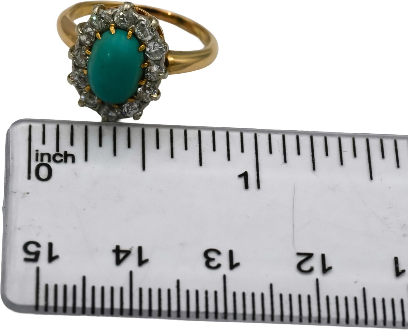 Antique Vintage Deco 18k Yellow Gold Diamond and Turquoise Ring 0.75CT Size 5