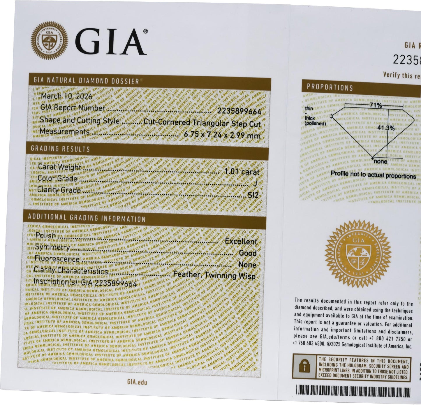 GIA 14k Yellow Gold SI2/J Trillion Step Cut Diamond Pendant Necklace 1.01CT