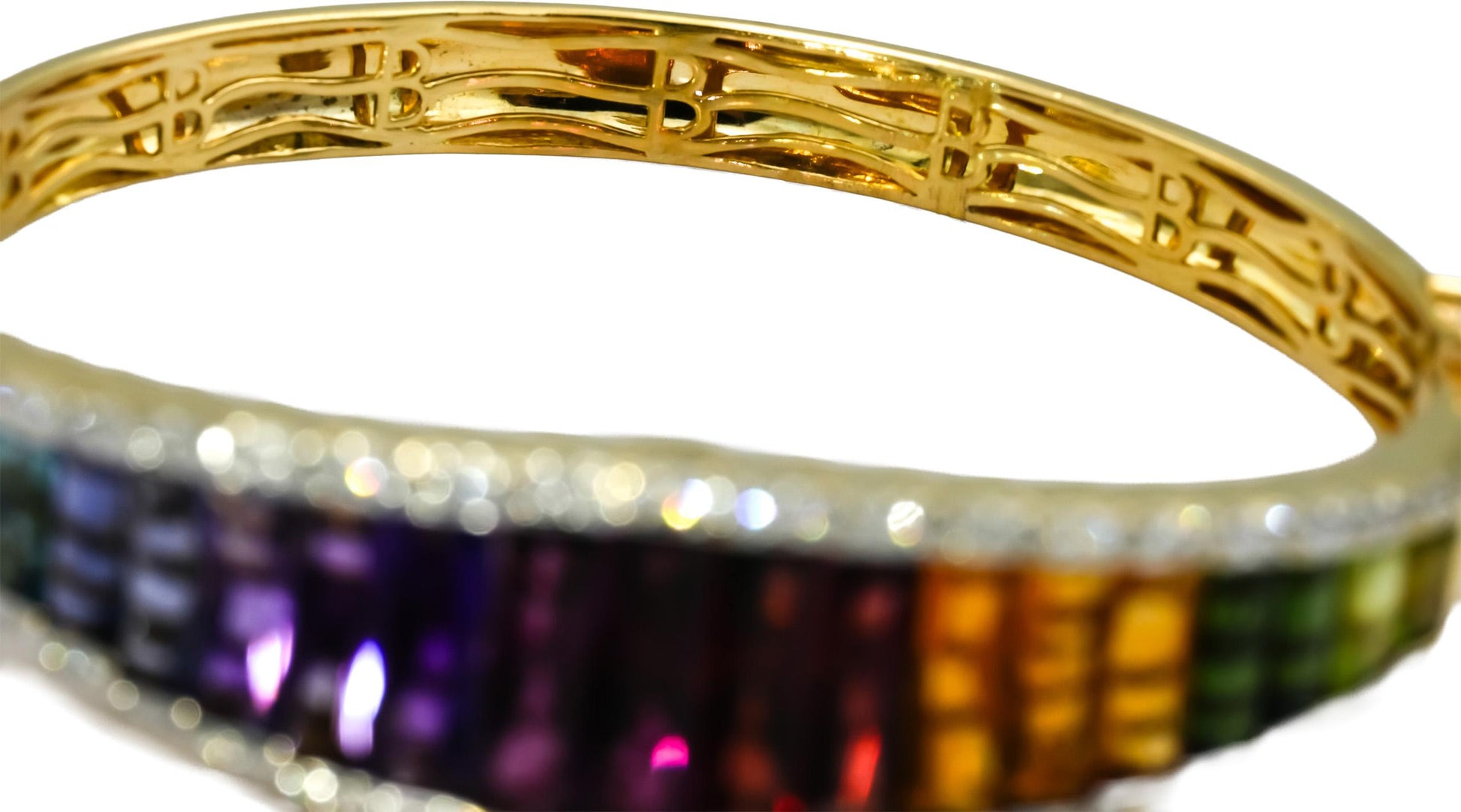 BELLARI 18k Yellow Gold Diamond and Rainbow Gemstone Bangle Bracelet 0.20CT