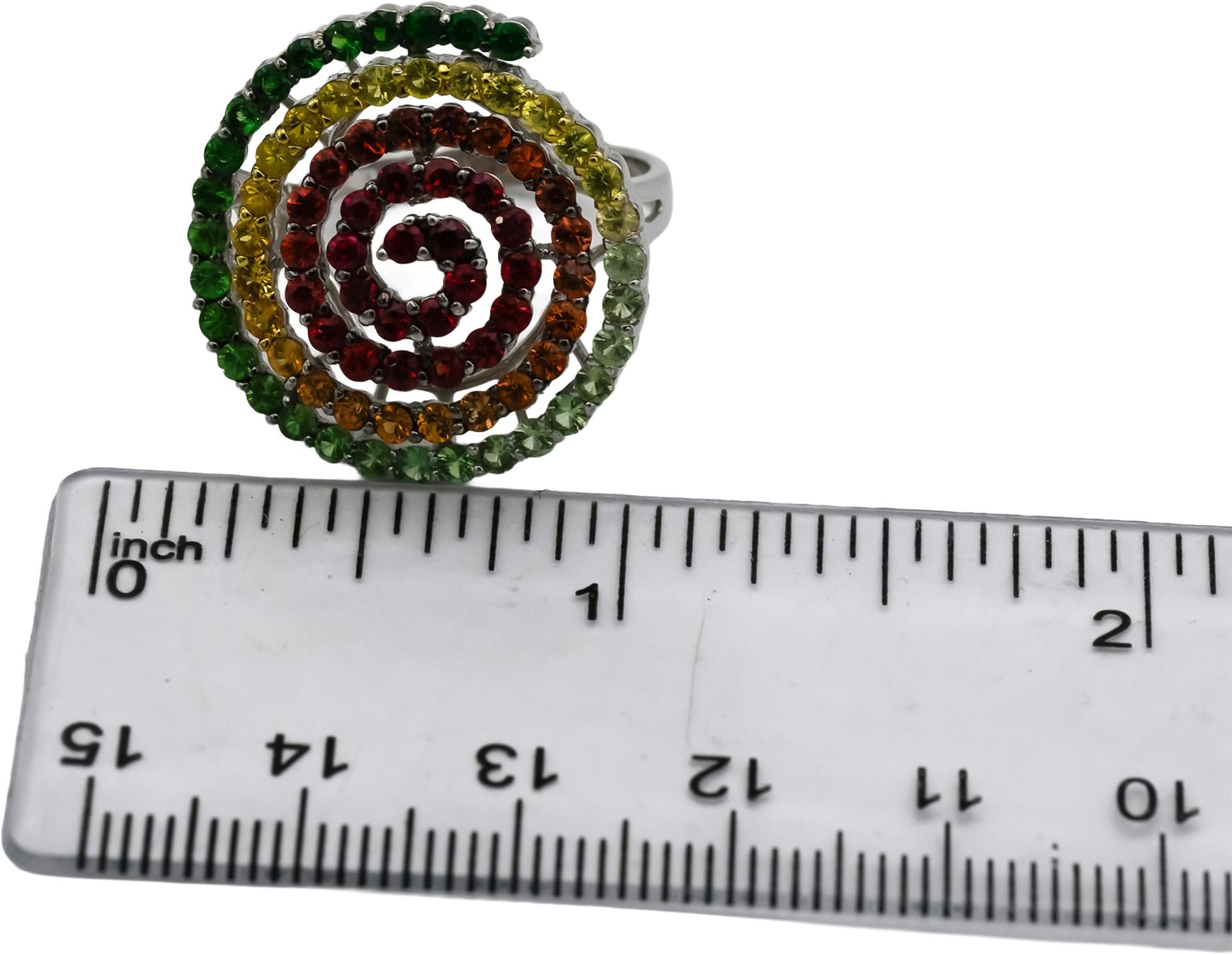 14k White Gold Round Rainbow Gemstone Spiral Ring 2.0CT Size 7.25