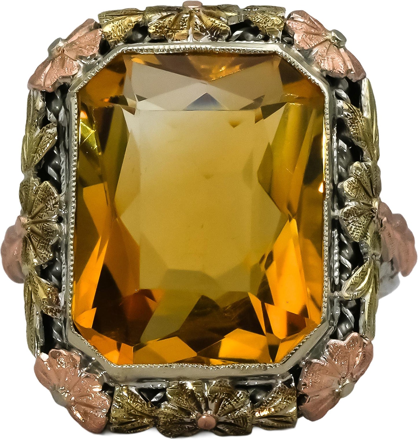 Art Deco Filigree Antique 14k White and Yellow Gold Citrine Ring 10.0CT Size 4.5