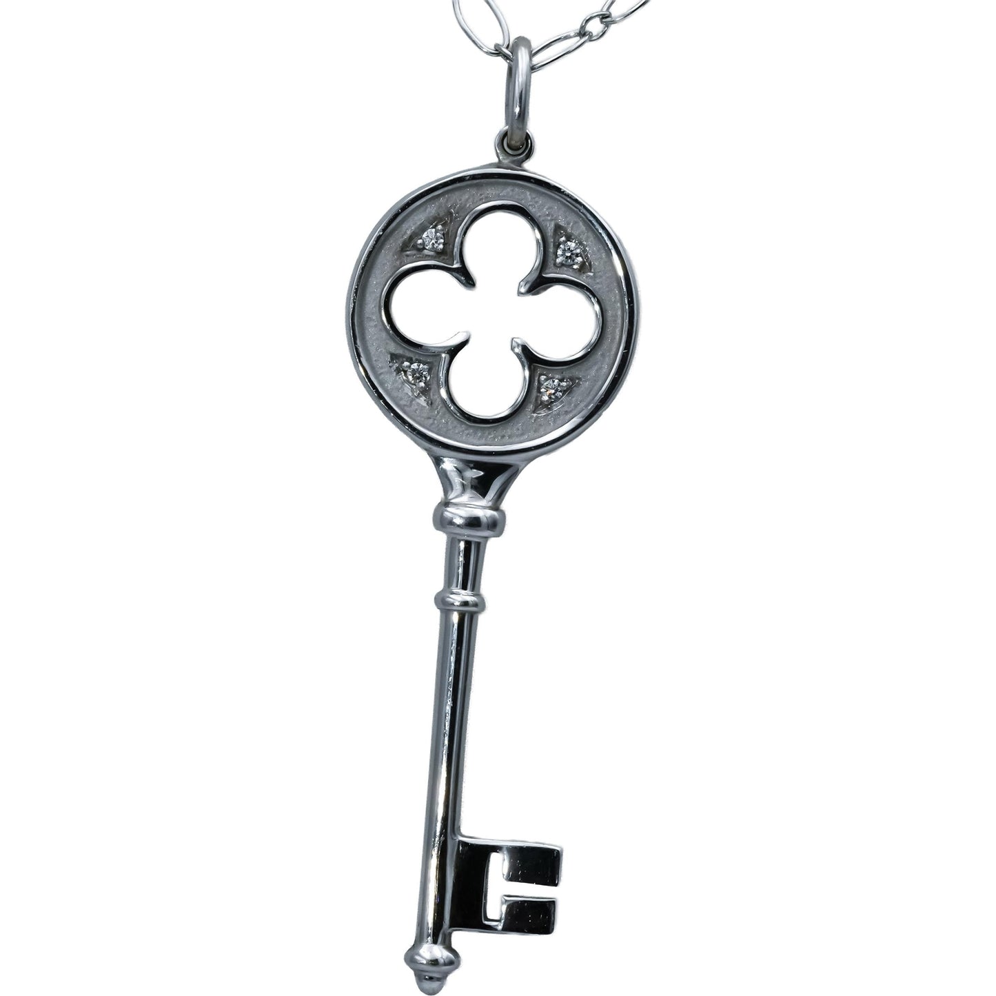 TIFFANY & CO. 18k White Gold Clover Key Pendant Necklace w/ Diamond Accents