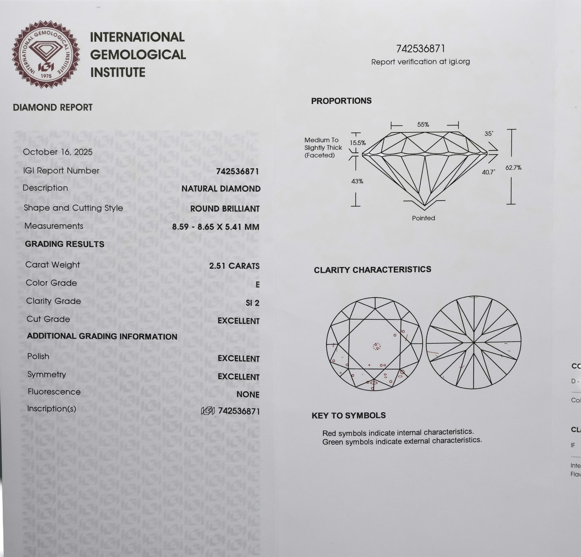 IGI Certified SI2/E Round Cut Natural Diamond Loose Stone 2.51CT