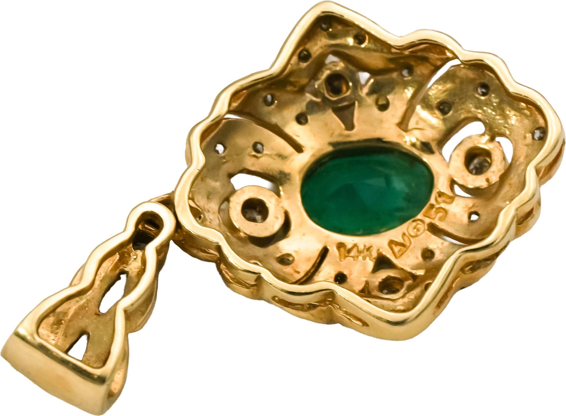 14k Yellow Gold Round Diamond and Oval Emerald Pendant 0.90CT