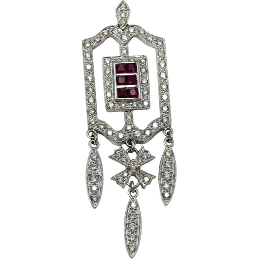 18k White Gold Round Diamond and Ruby Dangle Pendant 1.50CT