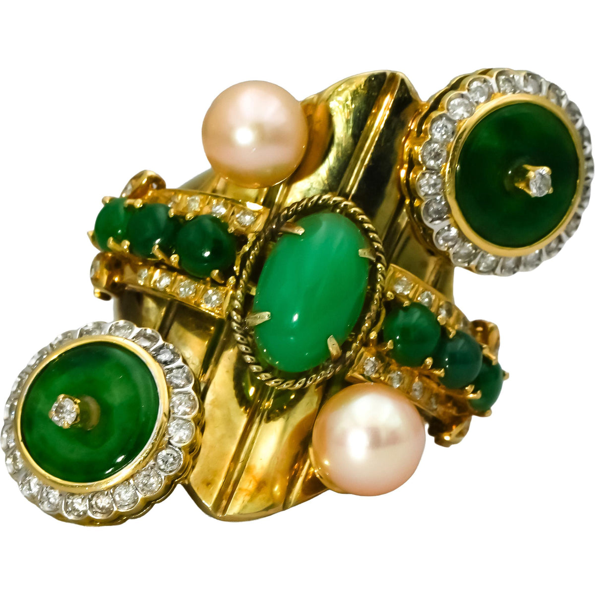 14k Yellow Gold Diamond Pearl Jade Retro Statement Ring Size 7