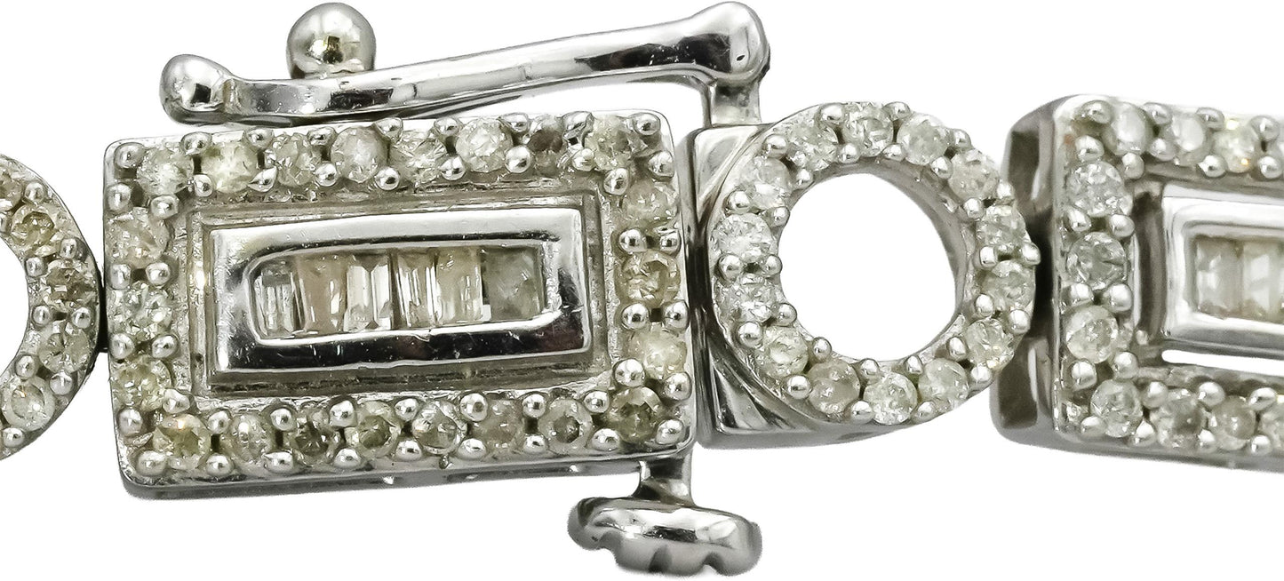 14k White Gold Baguette and Round Diamond Fancy Link Bracelet 2.0CT