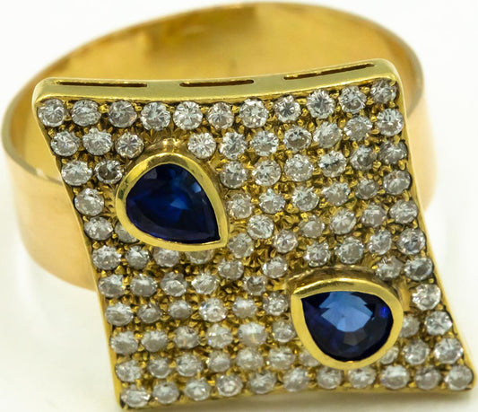 14K Yellow Gold 1.50CT Diamond Shape Pave Diamond & Blue Sapphire Ring Size 8