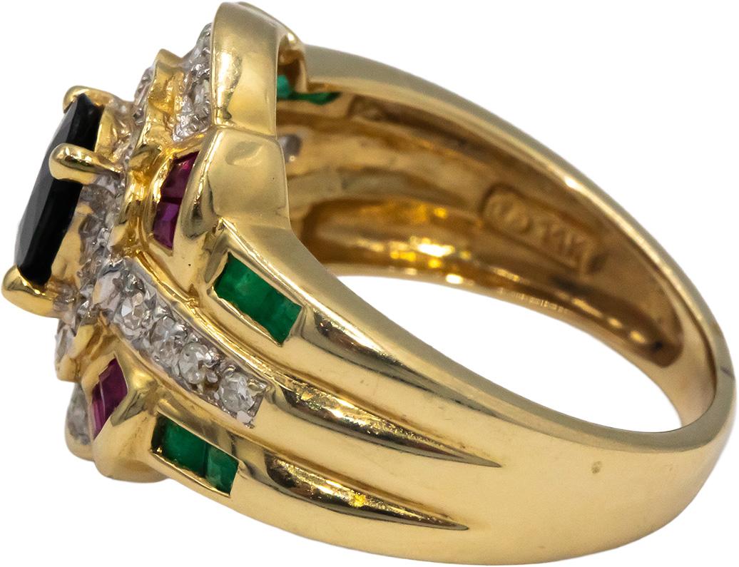 14k Yellow Gold 0.88CT Diamond Sapphire Emerald Ruby Cocktail Ring Size 6