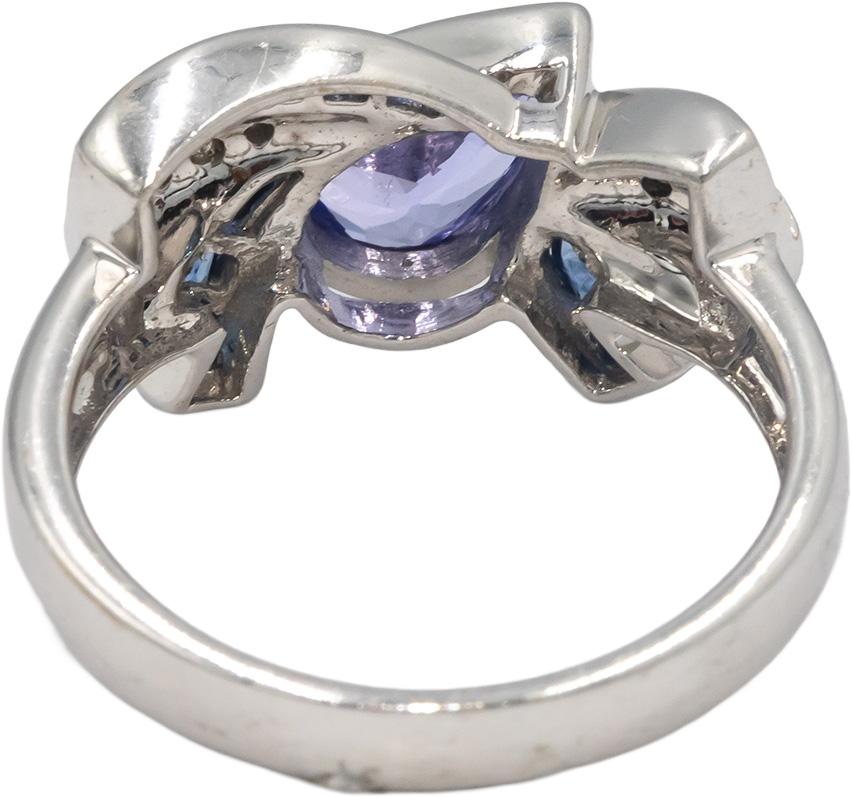 18k White Gold Diamond Tanzanite Sapphire Ribbon Cocktail Ring 1.40CT Size 7