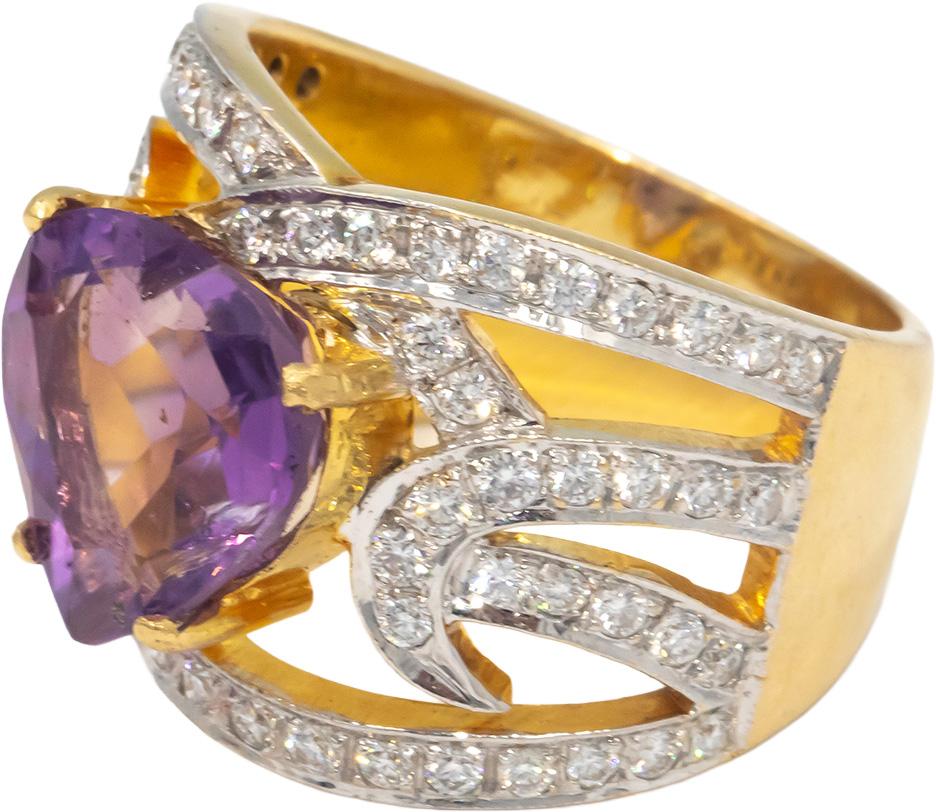 18k Yellow Gold 4.50CT VS Diamond and Amethyst Heart Cocktail Ring Size 6.5