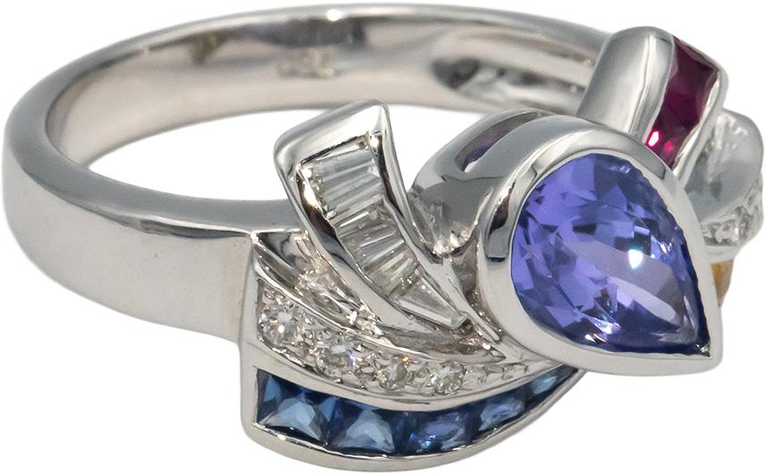 18k White Gold 1.40CT Diamond Tanzanite Sapphire Ruby Ribbon Ring Size 7