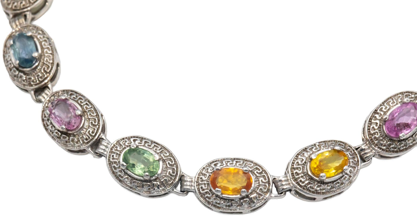 14k White Gold Oval Cut Rainbow Sapphire Fancy Link Bracelet 4.0CT