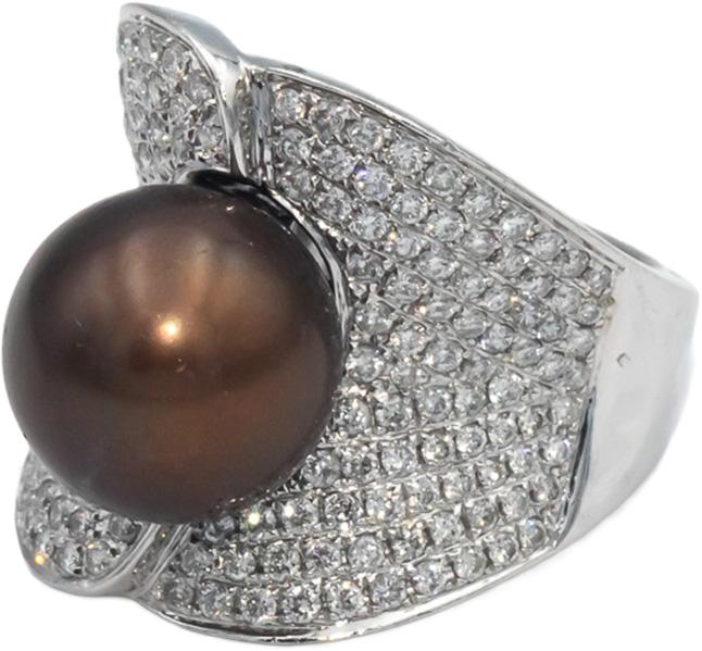 18k White Gold Diamond and  Pearl Cluster Ring 12mm Pearl 3.0CT Size 7