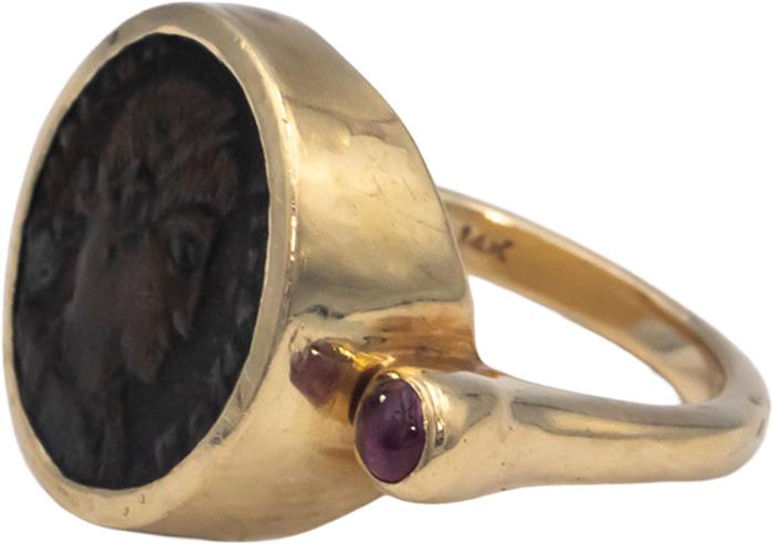 14k Yellow Gold 0.20CT Roman Coin and Cabochon Ruby Cocktail Ring Size 5.5