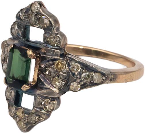 Vintage Antique 10k Gold & Silver 1.25CT Diamond and Tourmaline Ring Size 6.75