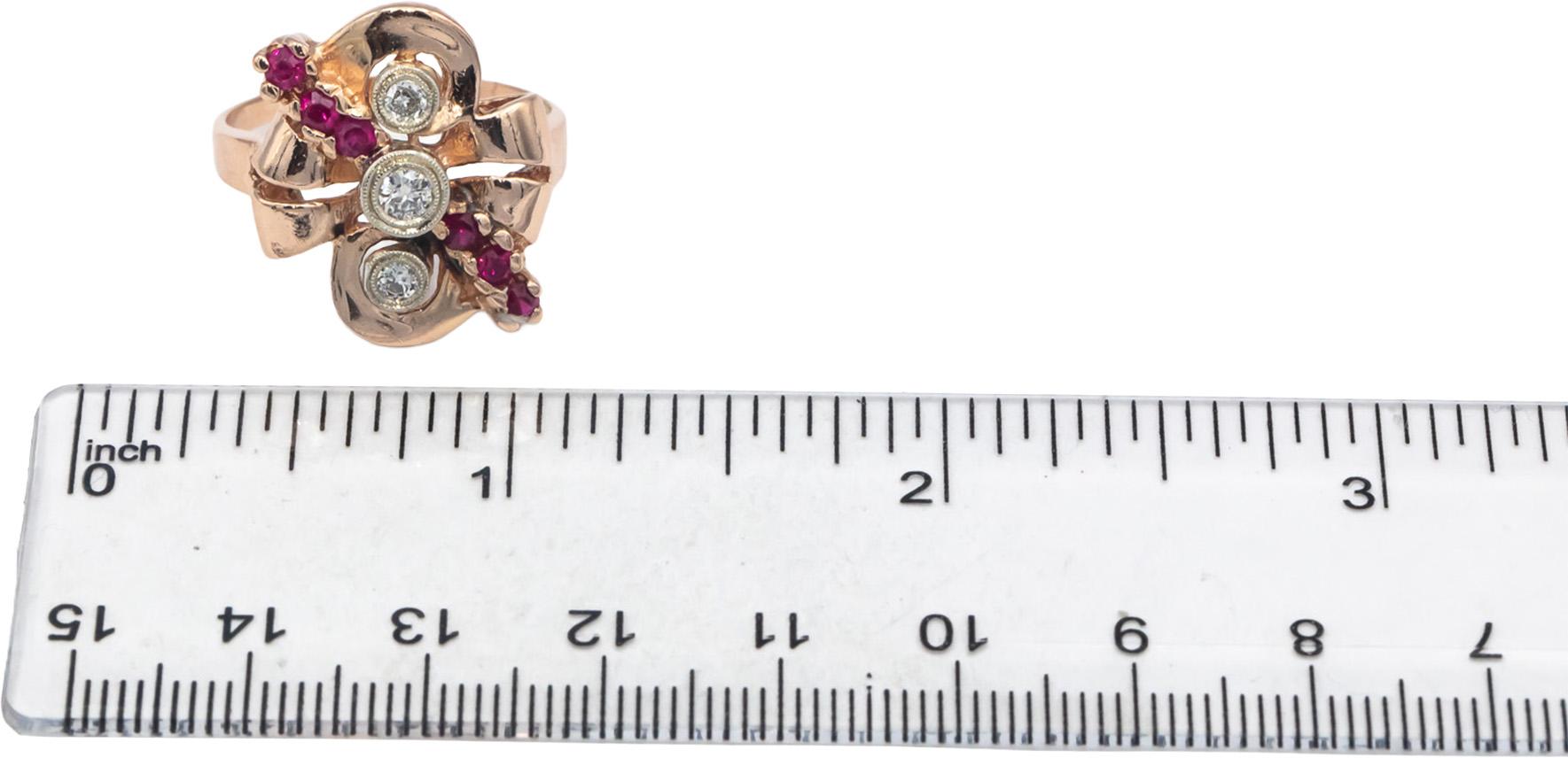 Vintage Retro 14k Rose Gold 0.55CT Diamond & Ruby Ring Size 9.75