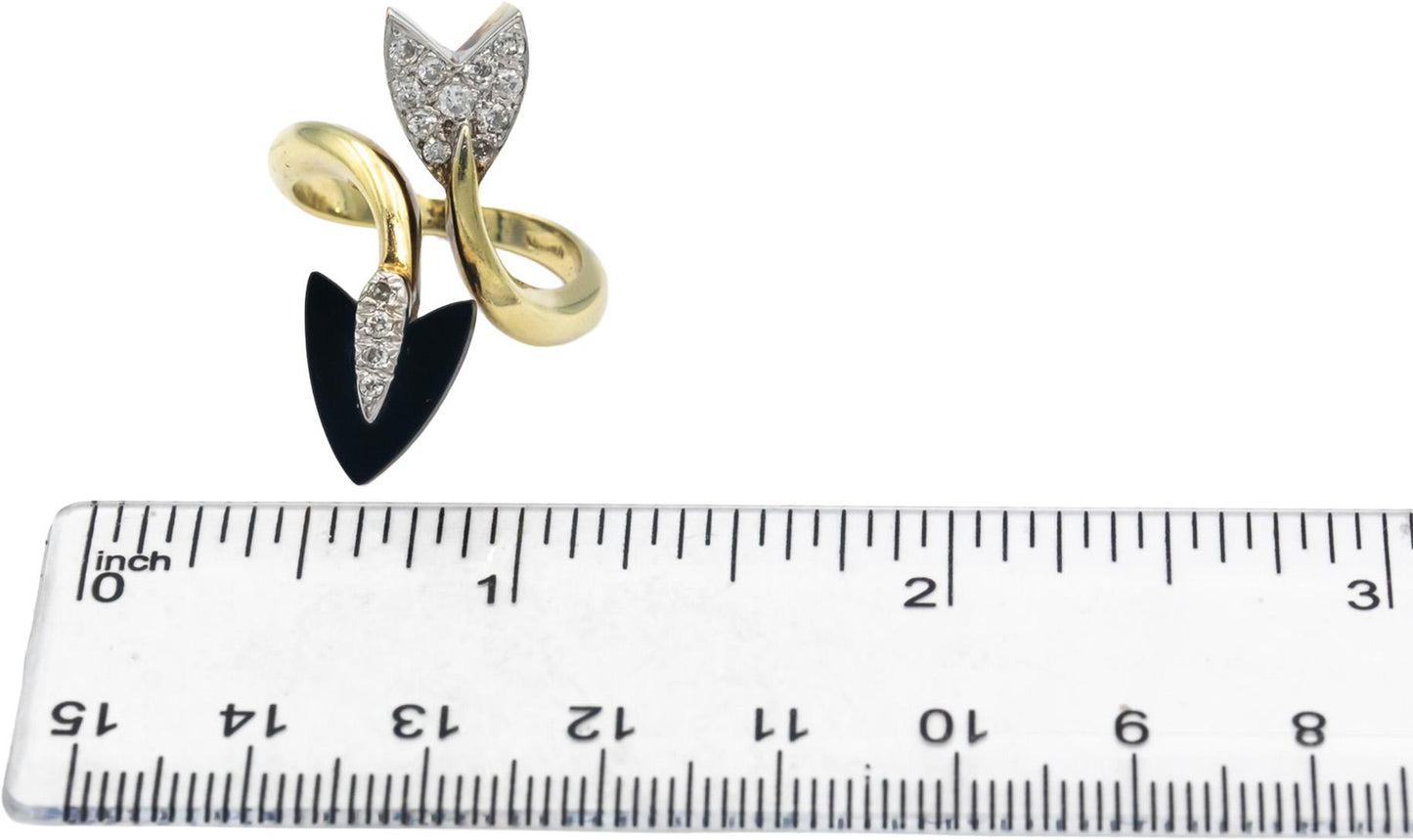 14k Yellow Gold Round Diamond and Onyx Arrow Bypass Ring 0.27CT Size 7