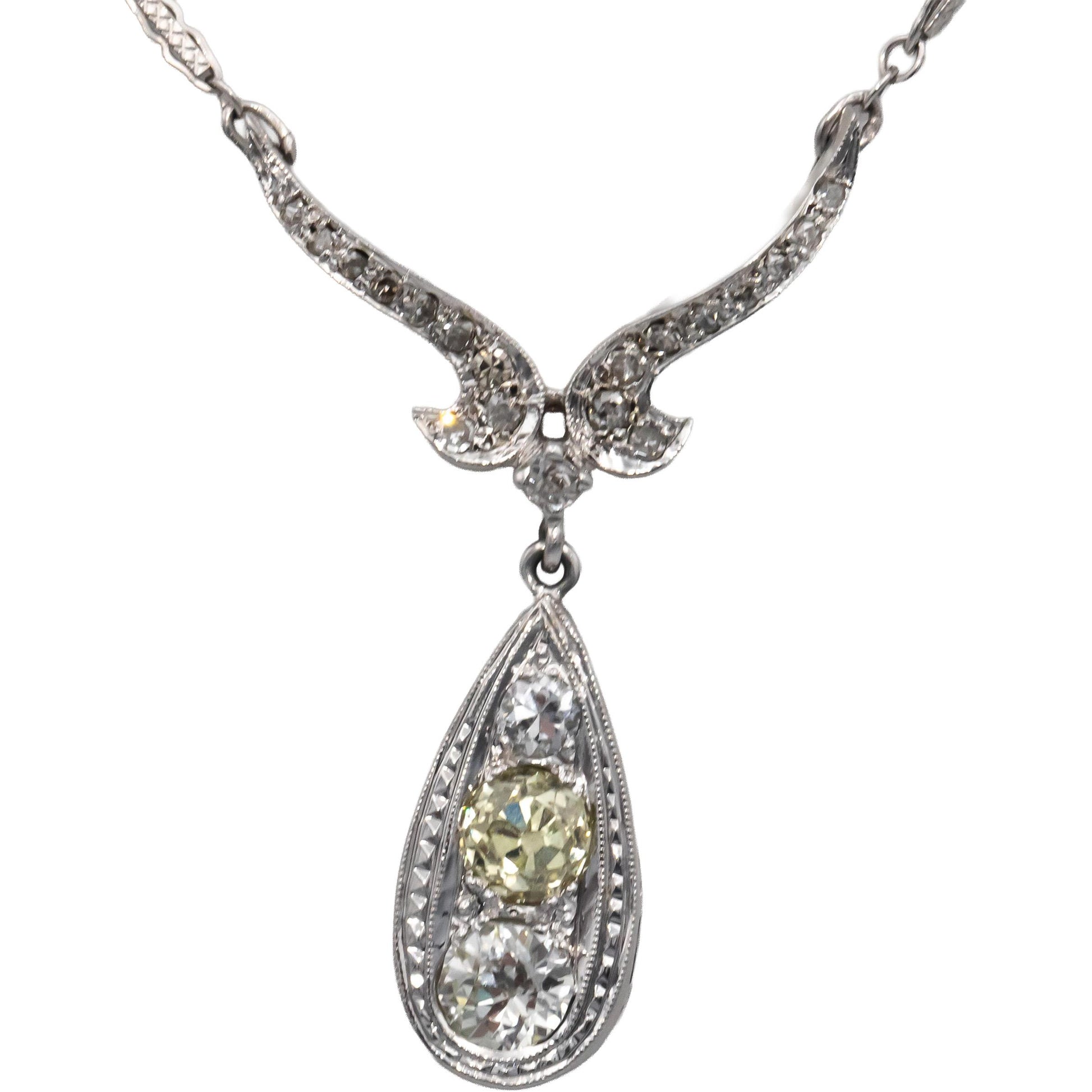 14k White Gold Diamond Vintage Antique Necklace 1.50CT w/ 0.75CT Old Euro Center
