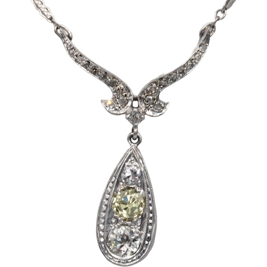 14k White Gold Diamond Vintage Antique Necklace 1.50CT w/ 0.75CT Old Euro Center