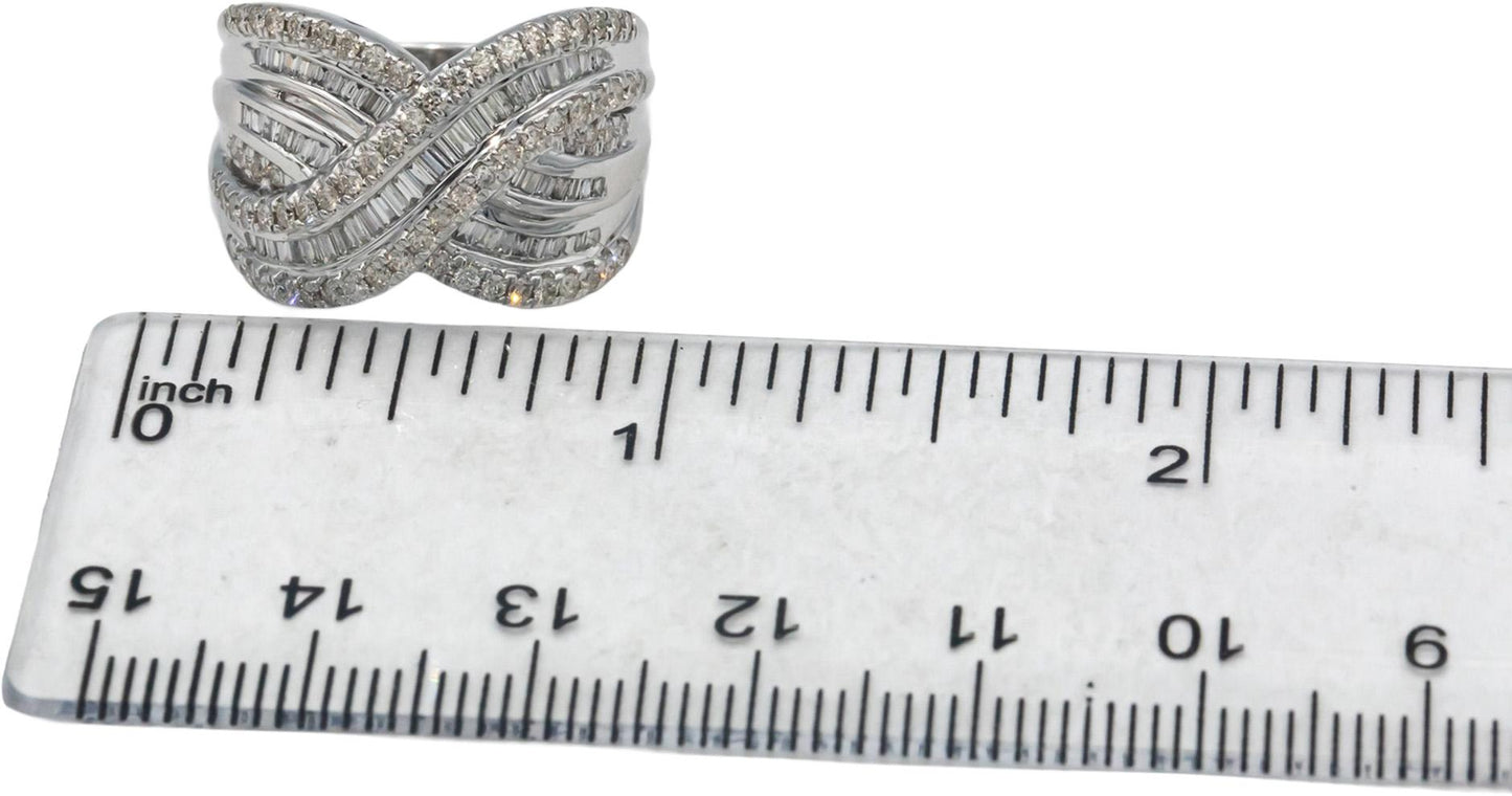 10k White Gold 1.0CT Round and Baguette Cut Diamond Crossover Ring Size 7.25