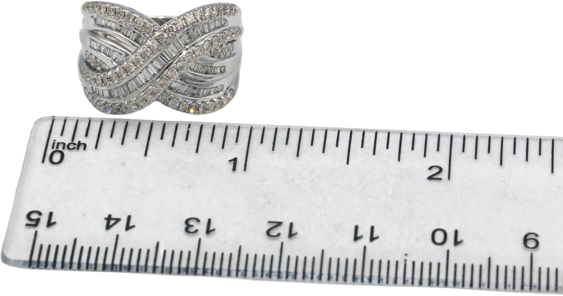 10k White Gold 1.0CT Round and Baguette Cut Diamond Crossover Ring Size 7.25