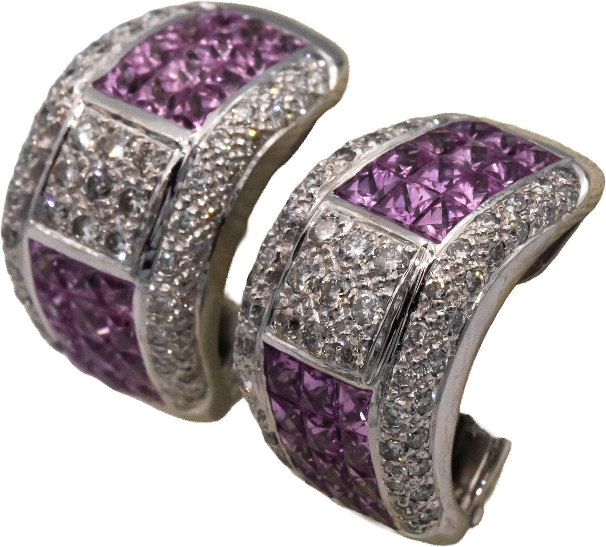 Diamond and Pink Sapphire 18k White Gold Cluster Curved Earrings 7.0CT