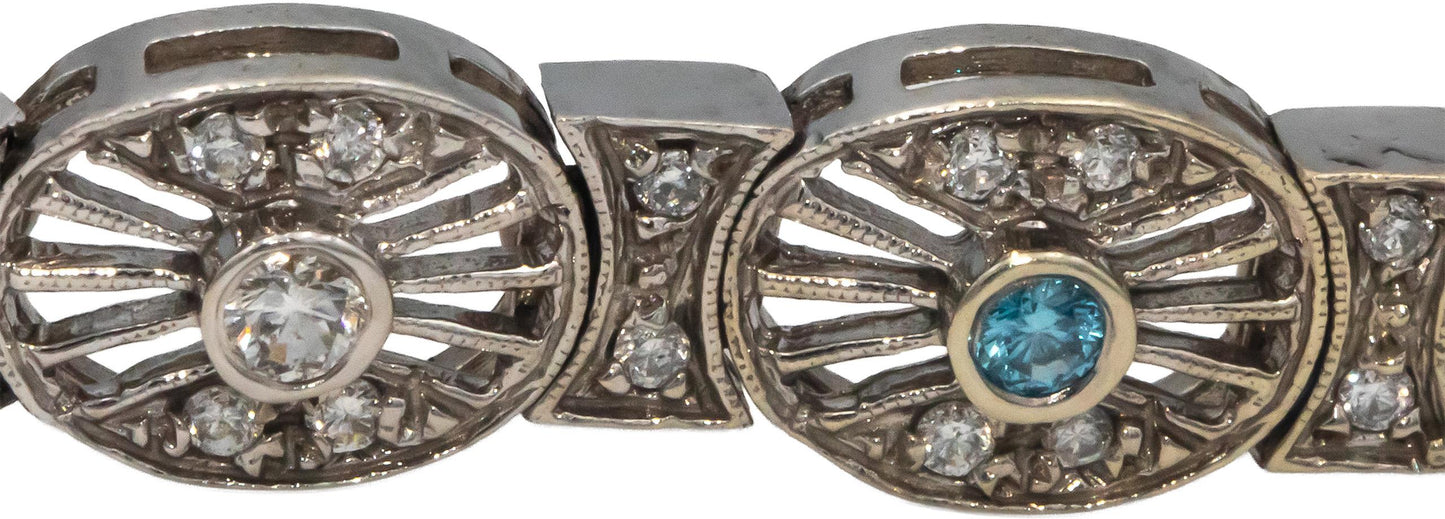 14k White Gold Round White and Blue Diamond Fancy Link Bracelet 1.50CT