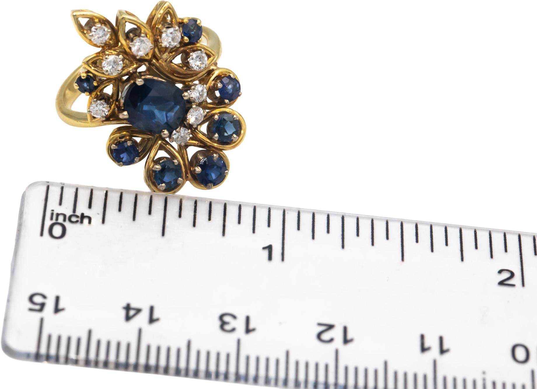 18k Yellow Gold 2.02CT Diamond and Sapphire Cluster Cocktail Ring Size 6.5