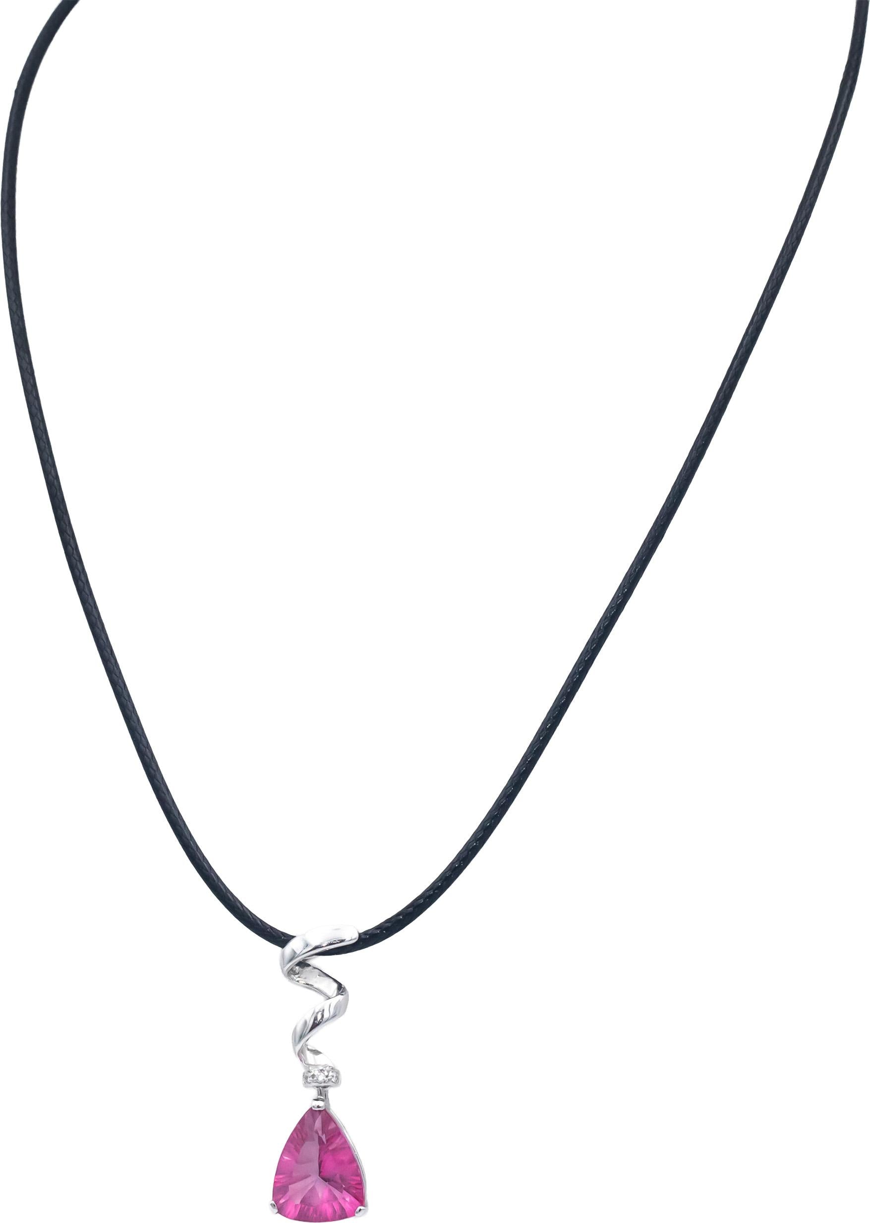 14k White Gold Synthetic Pink Sapphire Pendant Necklace w/ .02CT Diamond Accents